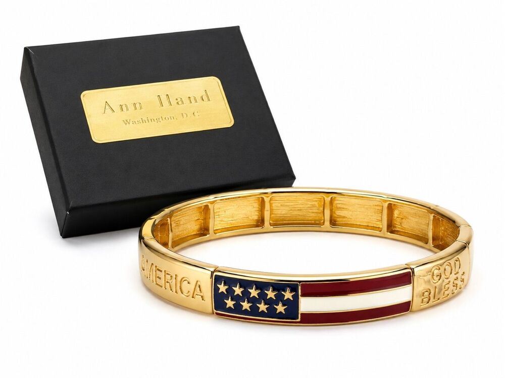 Ann Hand America God Bless USA Flag Gold Tone Stretch Bangle Bracelet w/ Box